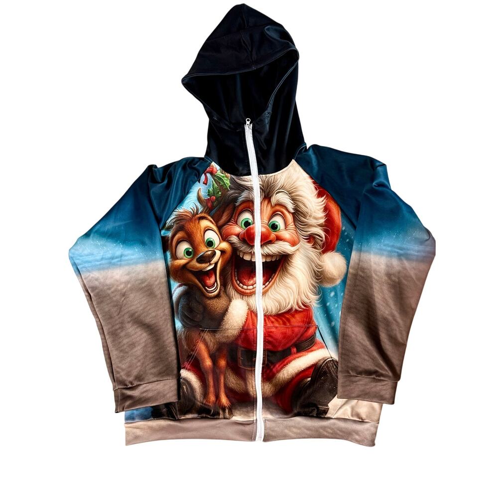 Christmas Santa Reindeer Full Zip Hoodie XXL Holiday Graphic Sweatshirt Unisex